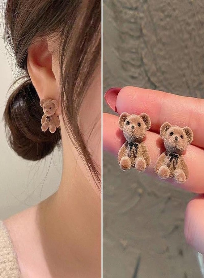 POYAMUSE Cute Flocking Bear Stud Earrings for Women Hypoallergenic Minimalist Design, Kawaii Funny Plush Bear Stud Earrings for Women (Brown) - Image 2